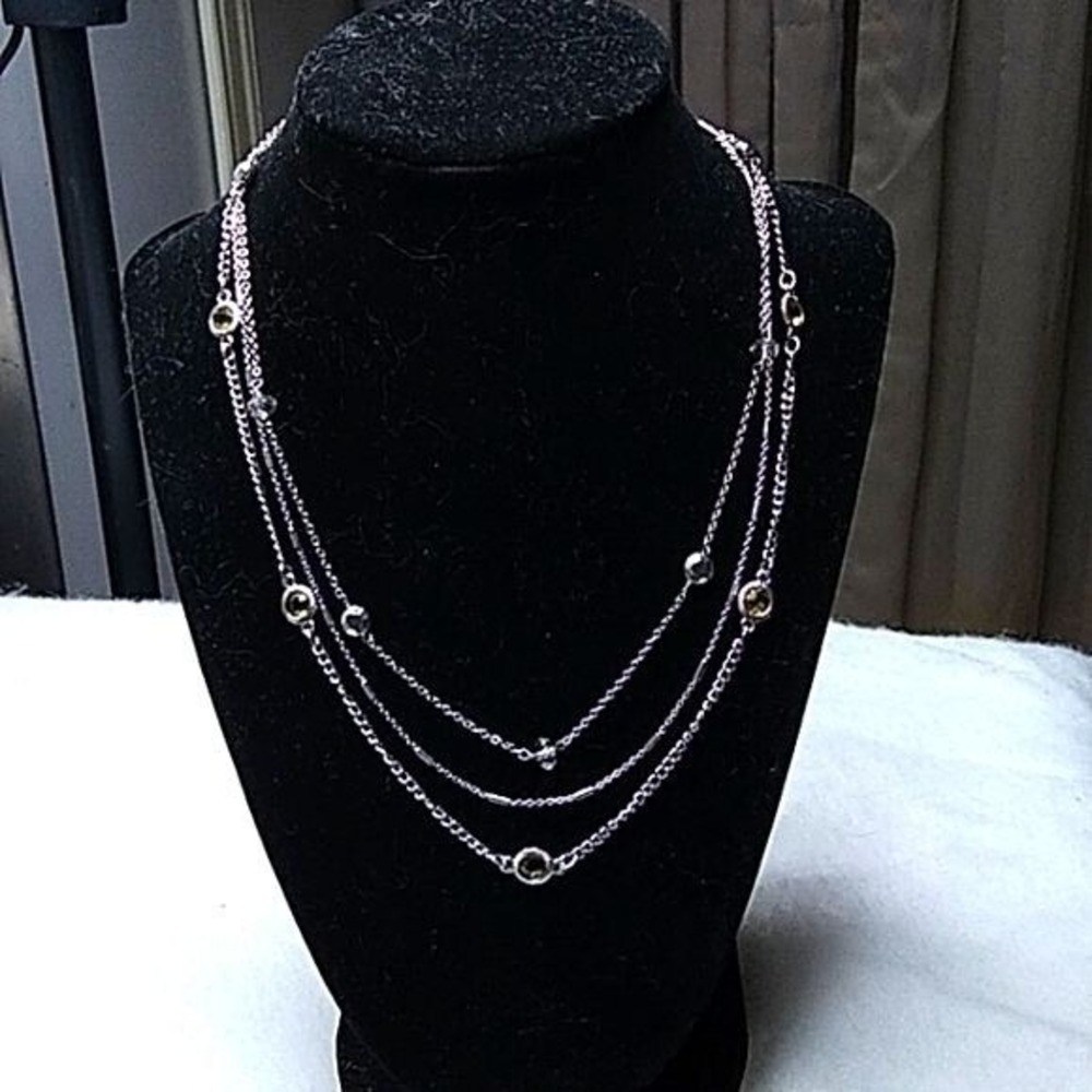 Express 3 strand Silvertone chain necklace with yellow faceted crystals